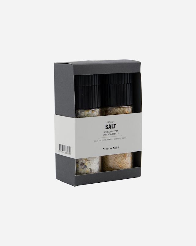 Liten presentförpackning salt Secret blend med Garlic & Chili från Nicolas Vahé